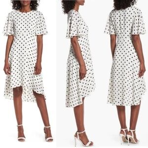 New Eliza J Women's High/Low Fit & Flare Dress White Black Polka Dot 12 Retro